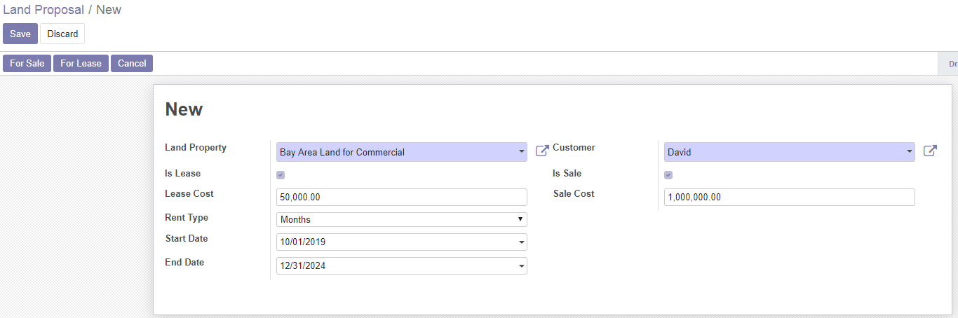 Information which is getting maintained over the property form, gets populated on proposal form as soon as the property is selected for proposal purposes.   If user selects ‘For Sale’ system will generate sale order and if user selects ‘For Lease’ system will create Lease order with start and end date and the lease amount