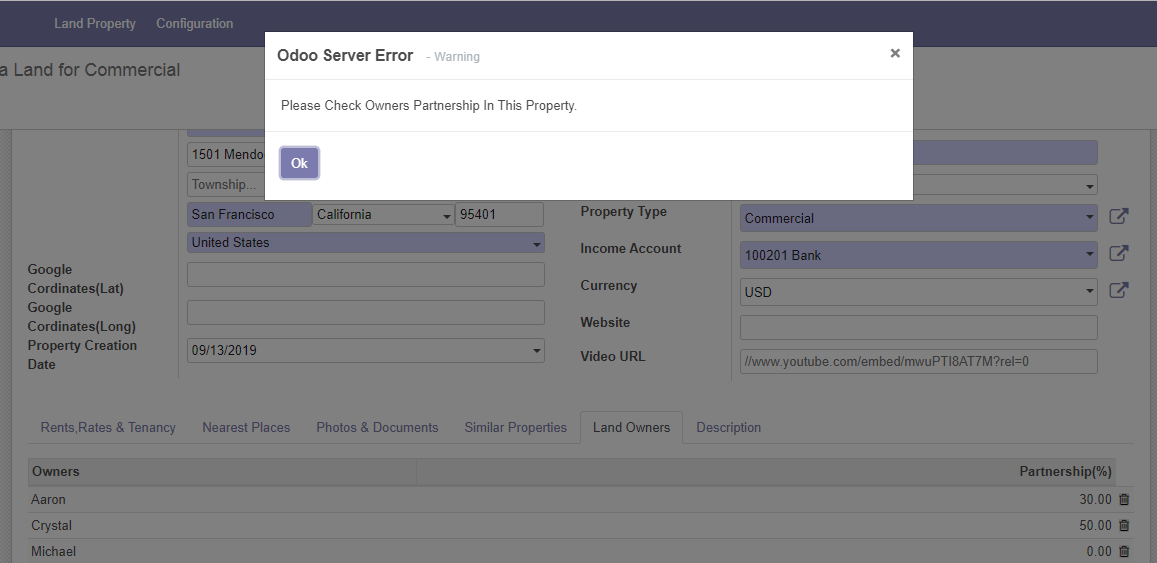 When user try to add in land owner information, it asks you to feed in their ownership percentage. If user puts in more than 100% then system throws a warning message.