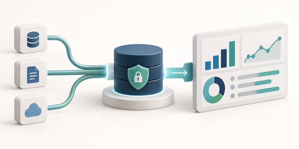 Data sources flow through a governed reporting model into dashboard charts