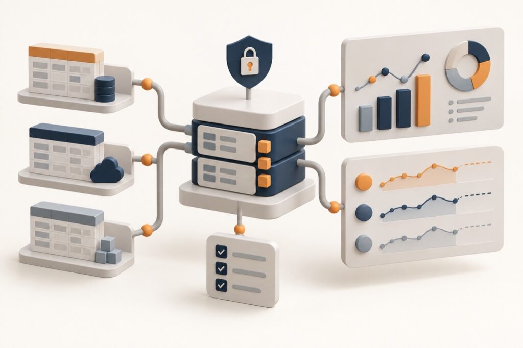 Source data feeds a governed model, reporting dashboard and three planning scenarios, with access controls and reconciliation checks