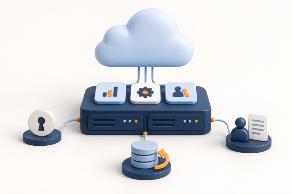 Conceptual business application modules above a hosting foundation with separate access, backup and ownership elements