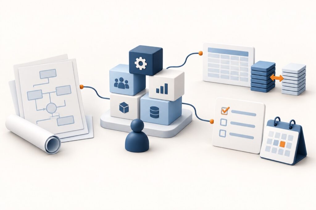 ERP process blueprint, system modules, data reconciliation and rollout checklist