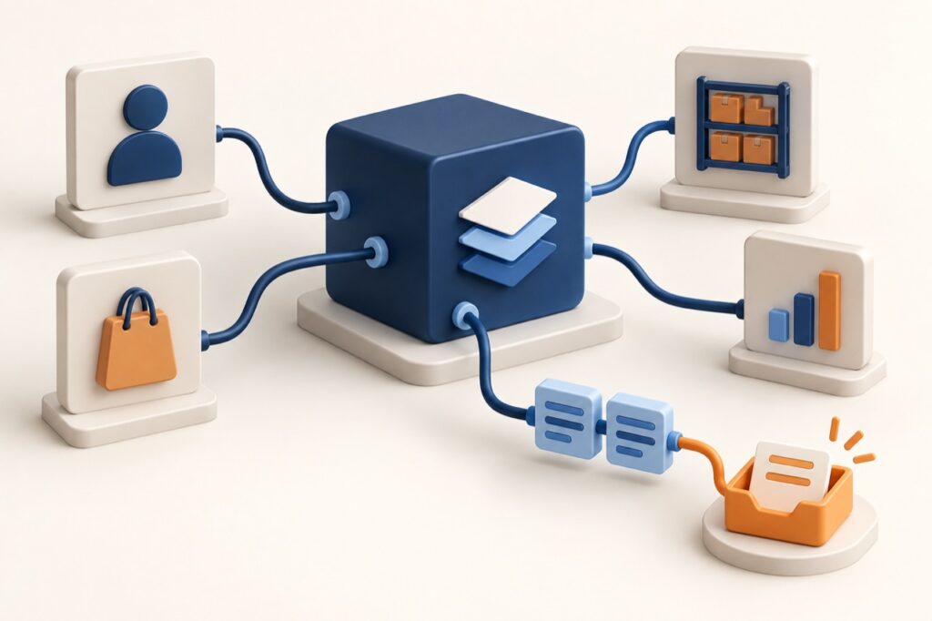 ERP hub connected to customer, commerce, warehouse and reporting systems, with an exception inbox