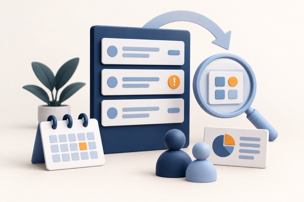 Service request board, application checks, calendar and review report illustrating ongoing ERP operations