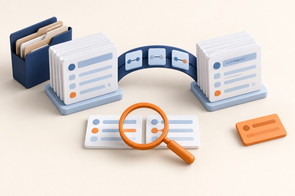 Source and target records linked by mappings, with reconciliation cards, an archive folder and an exception for review