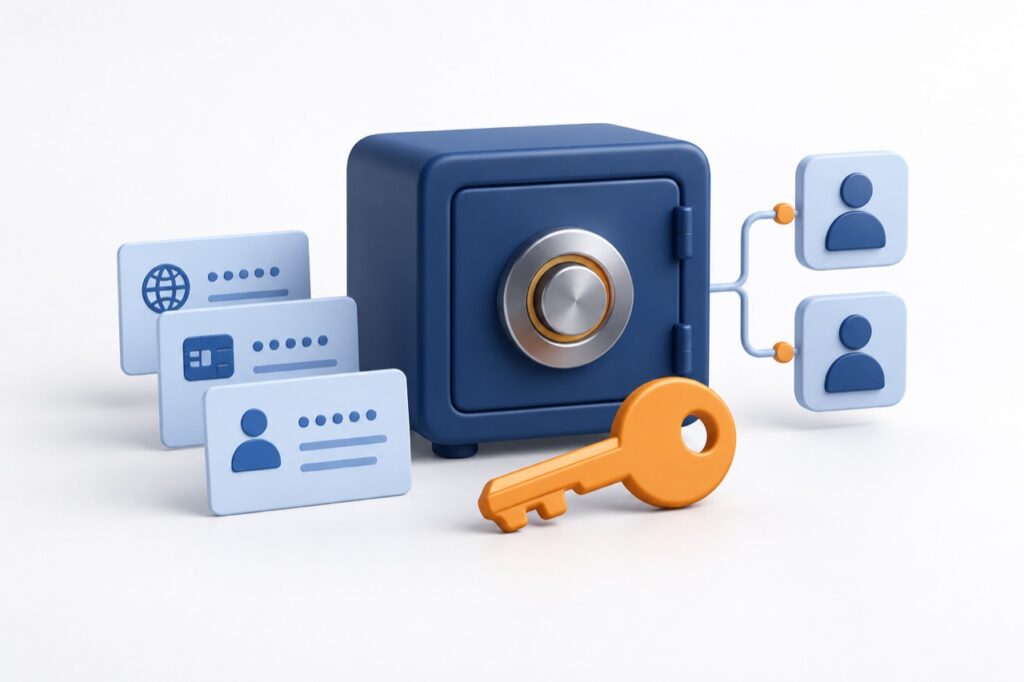Vault and key with credential cards and team access symbols